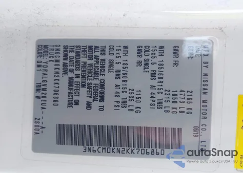 2019 Nissan Nv200 Sv z USA, uszkodzony, nr VIN 3N6CM0KN2KK706860